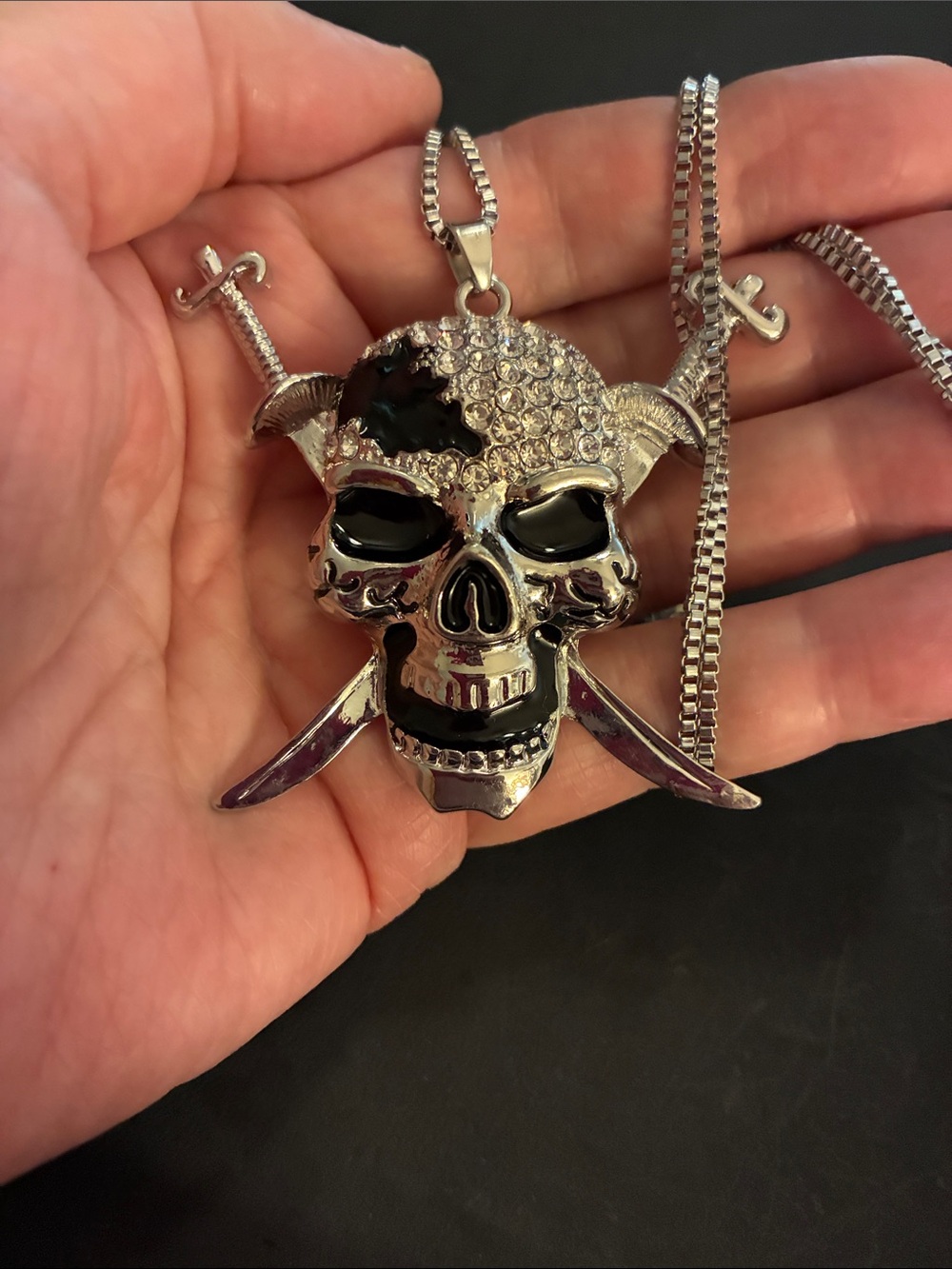 Silver Skull & Crossed Swords Pendant Necklace - Black Accents
